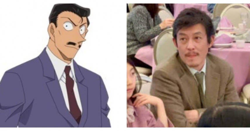 陳冠希以蓄鬍西裝造型出席婚宴，意外撞臉《名偵探柯南》角色毛利小五郎，引發網友熱議。（圖／翻攝自百度百科、凱莉老師小紅書）