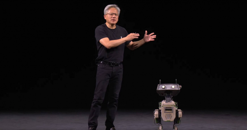 輝達執行長黃仁勳11日在巴黎演講，壓軸是與機器人互動。（圖／取自輝達官方YT）