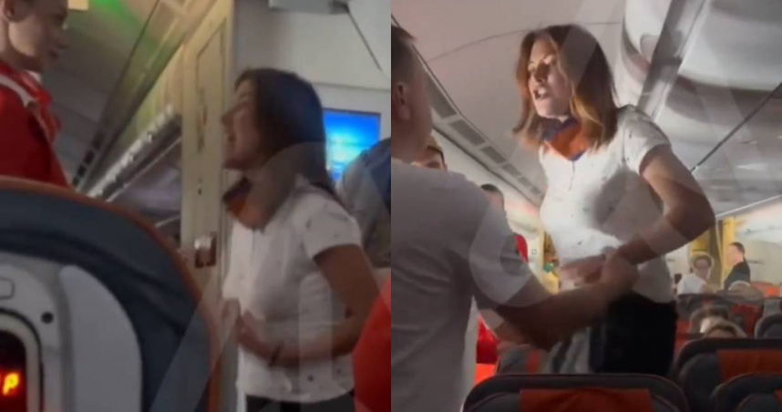 女子在機上抓著胸部大喊「屁股很痛，胸部也很痛」。（圖／翻攝自vk.com）