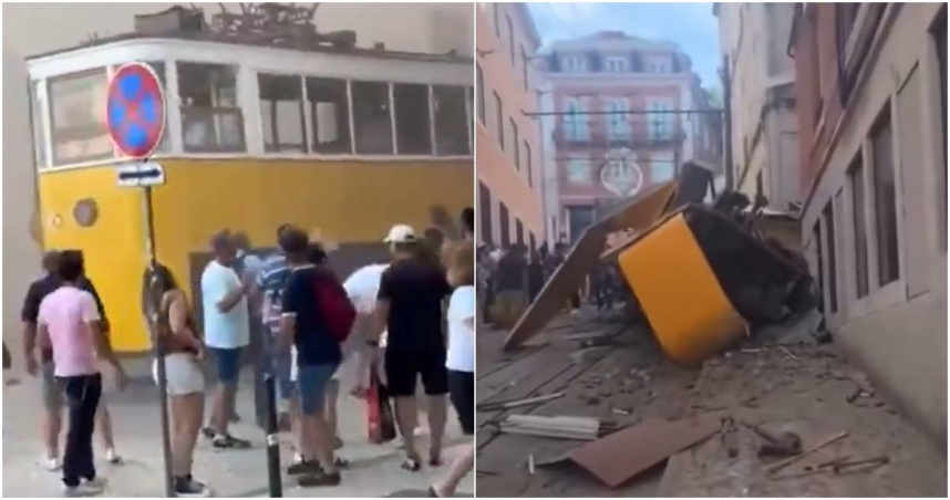 葡萄牙首都里斯本著名的往復式地面纜車「榮耀升降機」3日驚傳出軌事故。（合成圖／翻攝自X平台／@es_tendenciaenx）