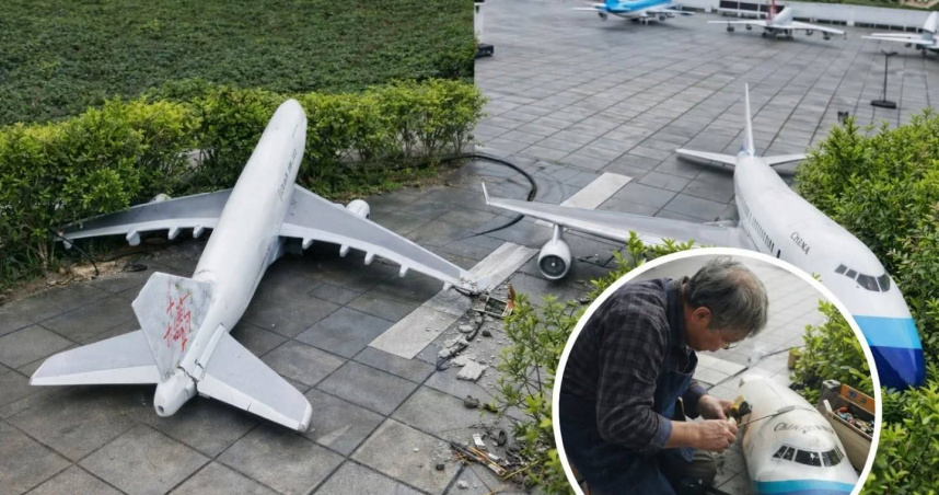 小人國「桃園機場動態飛機」模型遭到破壞。（圖／翻攝臉書／小人國）