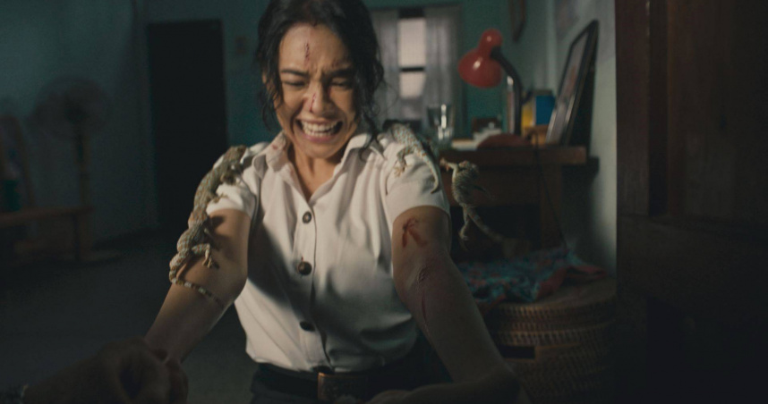 《邪降：覺醒》泰國人氣女星丘普朗與數十隻大壁虎對戲。（圖／威視電影）