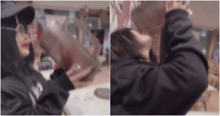 日本一名年輕女子近日前往牛丼連鎖店Sukiya用餐時，竟拿起餐廳用水壺「嘴對嘴」豪飲，甚至將誇張行徑拍下PO網，引起群眾撻伐。（圖／擷取自X）