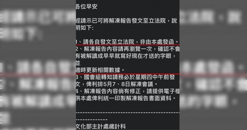 國民黨立委牛煦庭22日深夜在臉書曬出郵件截圖，發現上面竟提醒同仁「不能被解讀成早早寫好的解凍報告」，數據也要「適時更新」。（圖／翻攝自牛煦庭臉書）