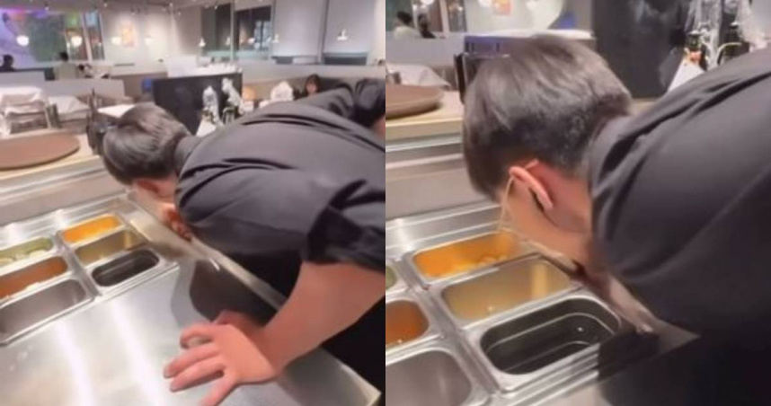 古拉爵一名男員工舔了抹布又舔餐檯，引發網友怒火。（圖／翻攝自Threads）