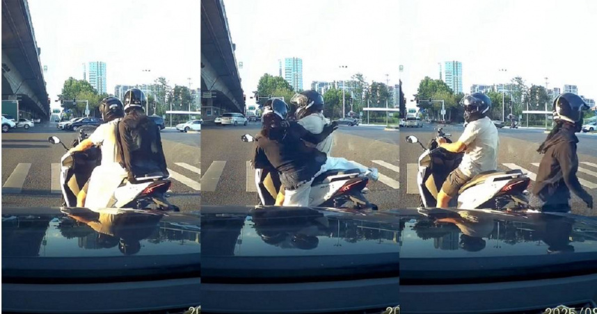 一名男子騎車載妹，在等紅燈時「瘋狂前後搖」吃後座女乘客豆腐，氣得女子跳車，畫面曝光引發網友熱烈討論。（圖／翻攝自臉書／吃吃喝喝又一天）