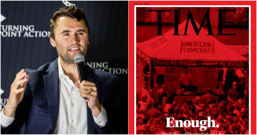 《時代雜誌》最新一期「血色封面」（右）探討柯克（Charlie Kirk，左）之死，以及美國如瘟疫般蔓延的政治暴力。（圖／達志／美聯社、X平台／Nick Sortor）
