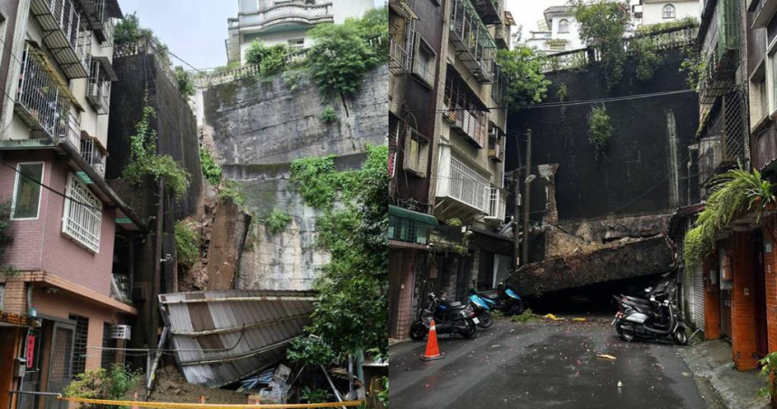 新店錦秀路擋土牆土石滑落，樓梯瞬間崩落、牆壁龜裂、地基大面積被掏空，植栽也傾倒歪斜（左圖）；新店錦秀路現場黃色泥砂堆積、泥水布滿道路（右圖），所幸無人員傷亡。（圖／新店警分局）