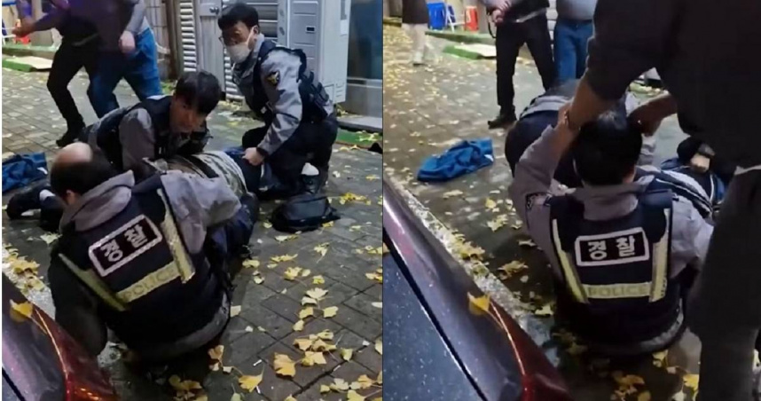 南韓釜山一名員警在執法時假髮不慎脫落，所幸有熱心路人幫忙戴回，守住他的尊嚴。（圖／翻攝自韓網）