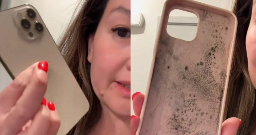 外國一名女子經常在洗澡時將手機帶進浴室，沒想到手機殼竟長出大量黑色黴菌。（圖／翻攝自TikTok／@bestfindsbestie）