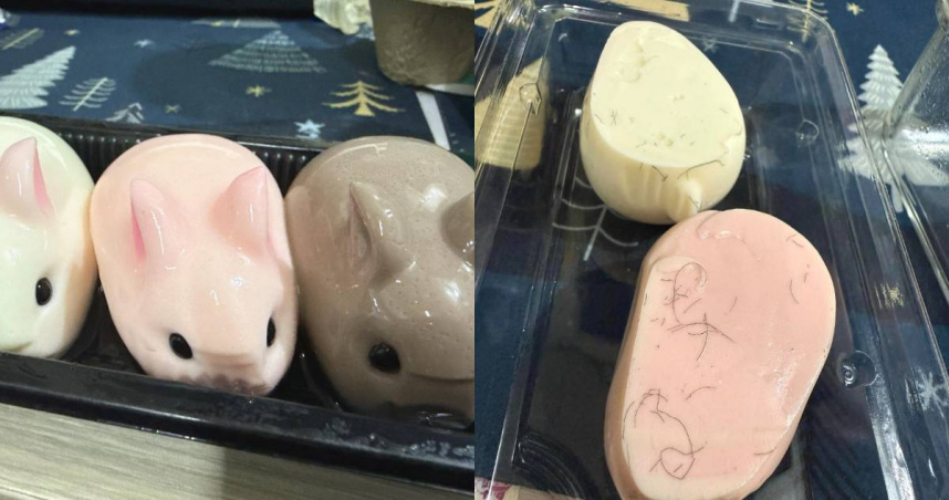 一位網友日前在大甲鎮瀾宮附近買了兔子造型的布丁，卻發現底部「一堆毛」。（圖／翻攝自臉書／爆料公社）