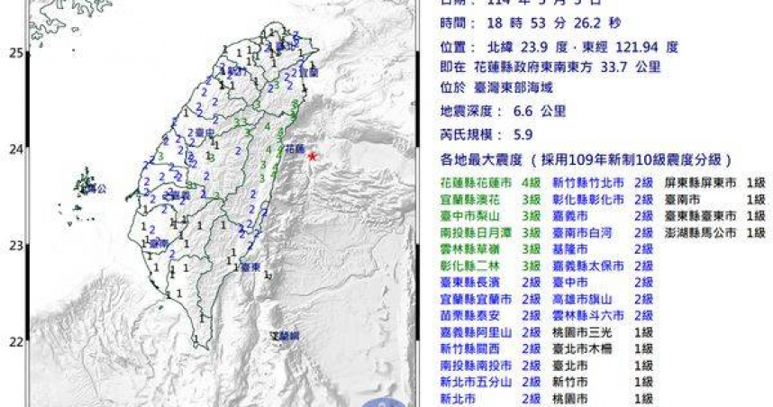 台灣東部海域昨天晚間在44分鐘內連續發生7起地震，其中，6時53分發生規模5.9極淺層地震，最大震度達4級。（圖／氣象署提供）