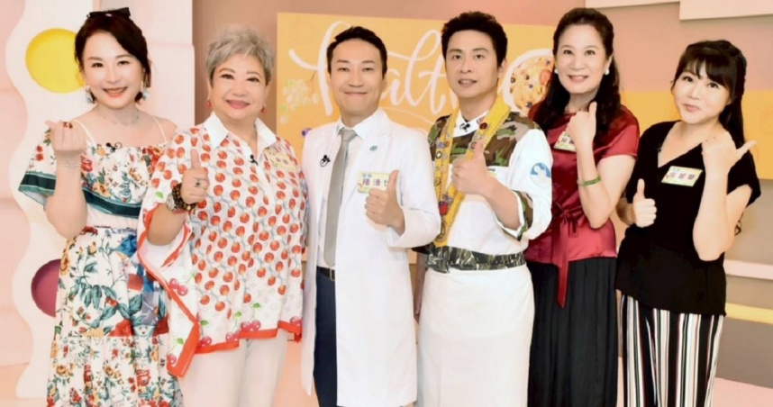 左起： 陳力瑜／主持人、吳敏／藝人、陳湧仁／醫師、黃經典／主廚、林麗蘭／健康部經理、盧麗華／健康管理師（圖／華視健康好料理提供）。