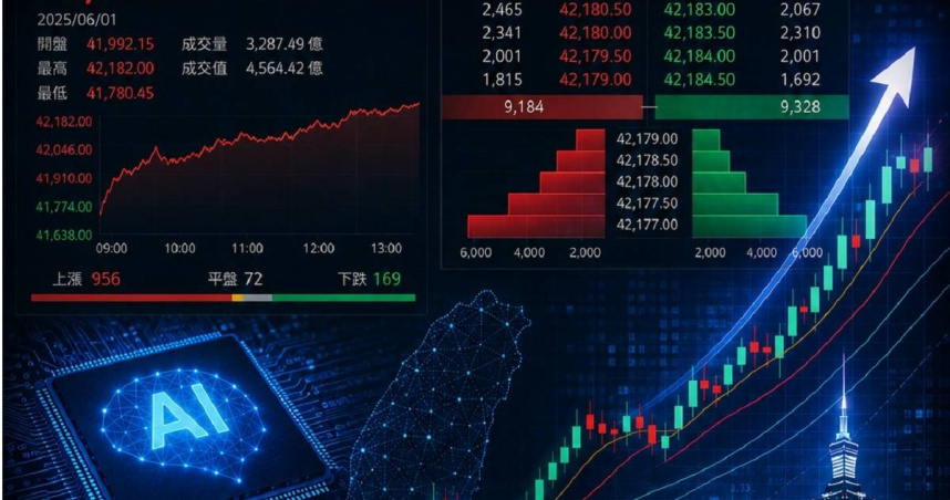 台灣股市受惠於全球人工智慧（AI）狂潮與半導體供應鏈的爆發性成長，憑藉 4.95 兆美元的總市值，正式超越印度，躍居全球第五大股票市場。 （台股AI示意圖／楊登嵙提供）