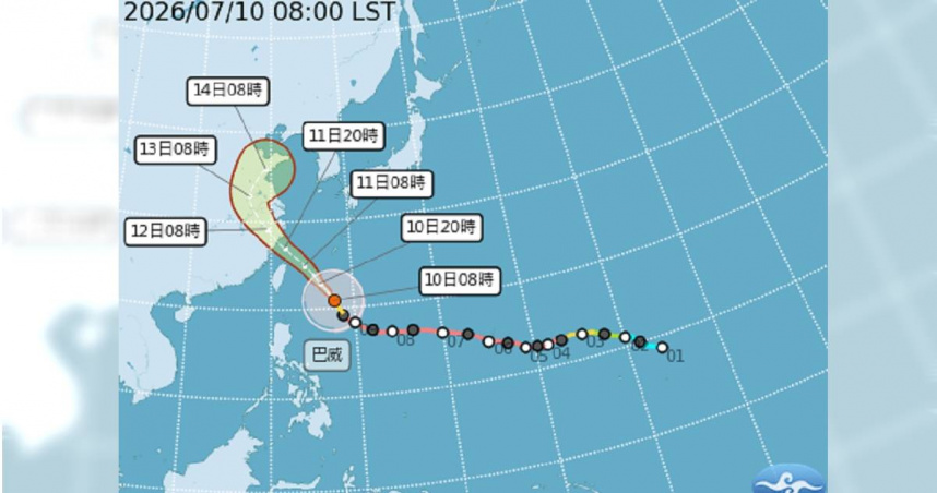 中颱巴威持續逼近台灣，中央氣象署今（10日）清晨正式發布陸上颱風警報，最新預測路徑也出爐。（圖／中央氣象署提供）