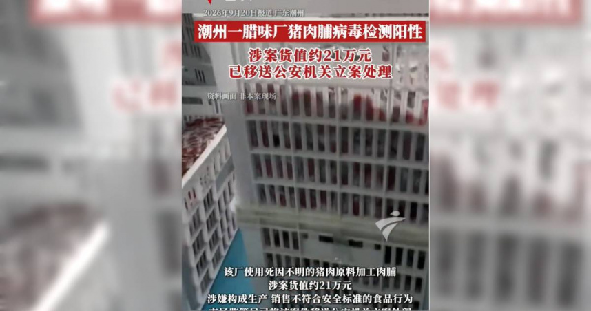 大陸廣東潮州一家臘味廠遭查出涉嫌使用死因不明的豬肉加工豬肉乾，送驗後更呈現「豬病毒陽性」。（圖／翻攝自粵TV）