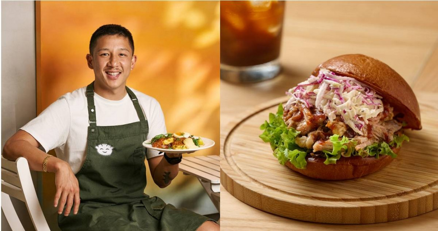 搭配布里歐漢堡、甘藍菜沙拉、澆淋BBQ醬的「手撕燉豬肉漢堡」（右）對名廚Brendan Pang具有「團聚」與「分享溫暖」的多重意義。（360元，圖／The Antipodean提供）