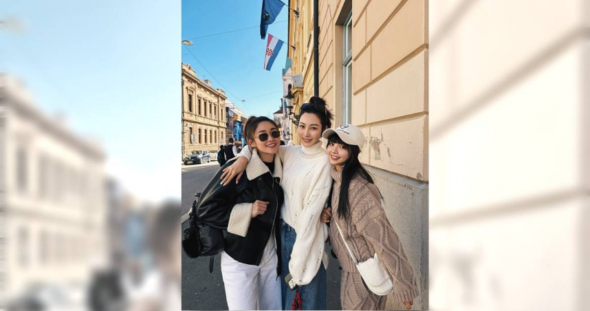 張文綺（左起）、曾莞婷、徐凱希在扎格雷布旅行。（圖／時代創藝提供）