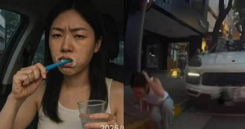 保時捷妹下車對排水溝吐白濃液,疑似本人曬車內刷牙照喊冤,卻被網友抓包多處破綻。(圖/翻攝自爆笑公社、YouTube WoWtchout)
