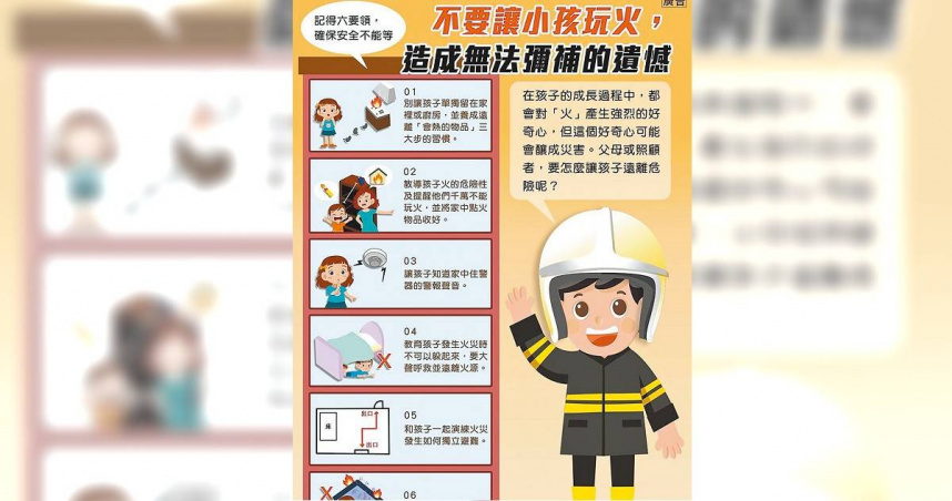 消防署提醒，孩童易因好奇而玩火，無論在家或外出，都要注意消防安全。（圖／消防署提供／中國時報張鎧乙新北傳真）