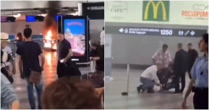 1名男子涉嫌縱火焚燒機場內的垃圾桶（左），眾人隨後將其壓制在地（右）。（合成圖／翻攝自X平台／Remix News & Views）