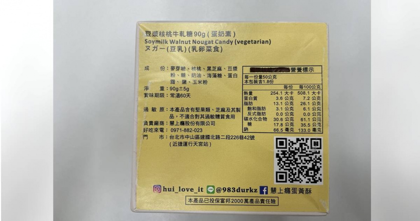 慧上癮的「豆漿核桃牛軋糖」標示不符規定。（圖／台北市政府衛生局提供）