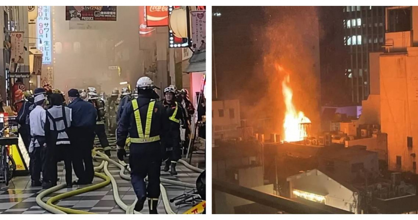 大阪梅田商圈晚間發生火災，濃煙竄出街區上空。（圖／翻攝自X，@Gt8VUlzRG7buafO）