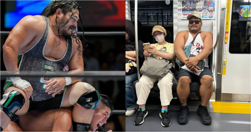 如今效力於日本新日本職業摔角聯盟（NJPW）的美籍摔角手傑夫‧柯布（Jeff Cobb）在電車上因為顧慮到旁邊女性乘客，拼命將自己肩膀、大腿夾緊的畫面，成為日本近日的網路話題。（圖／翻攝畫面）