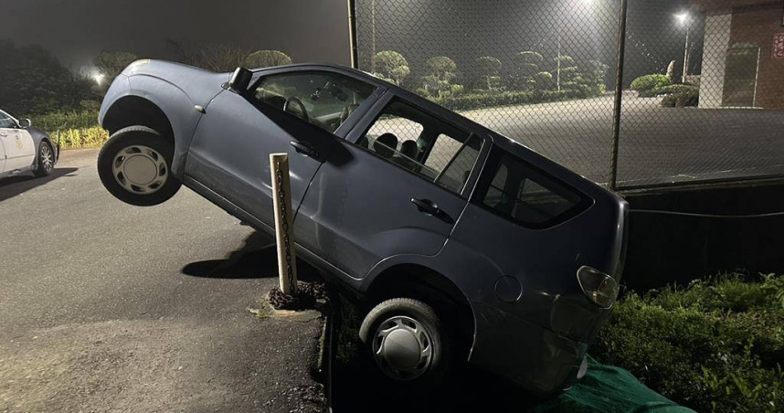 77歲翁倒車失控墜落菜園。（ 圖／翻攝畫面）