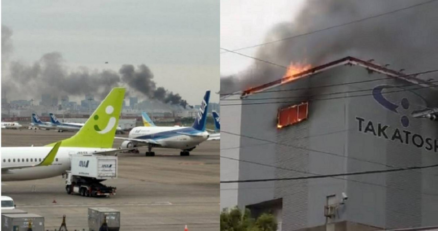 今（23日）傍晚日本東京羽田機場附近工廠發生火警，濃煙狂竄天空，至少有20航班受影響。（圖／翻攝自X）
