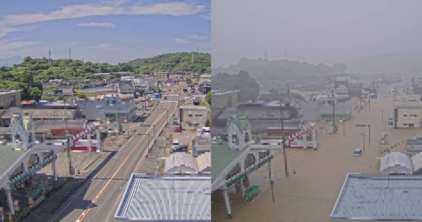 日本熊本縣天草群島上天草區公所大矢野廳舍附近的國道266號，左為日常照，右為現在狀況。（圖／翻攝自社群網站X）
