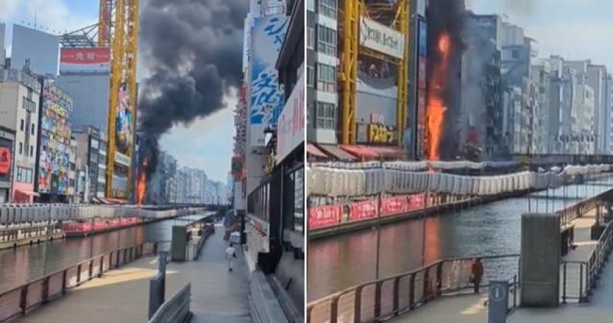 日本大阪市中央區道頓堀一棟商業大樓起火，造成2人死亡。（圖／翻攝自hironosuke0129 X）
