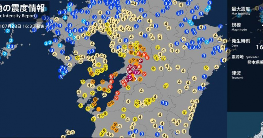 日本熊本縣28日下午發生規模7.1強震，宇城市、冰川町觀測到最大震度7，日本氣象廳發布海嘯注意警報。。（圖／翻攝自 JNN（TBS NEWS DIG Powered by JNN））