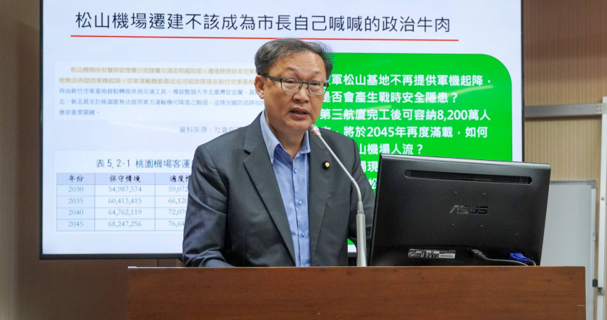 徐富癸表示，松山機場遷建涉及首都防衛與民航容量，不能只從都市土地開發角度思考，更不能淪為地方政治人物的選舉口號。（圖／取自徐富奎媒體群組）
