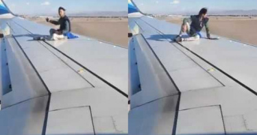 飛機起飛前發現 詭異男子爬上機翼搔首弄姿擺POSE