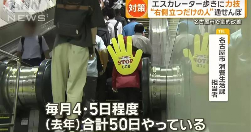 日本名古屋出奇招聘請了一群「擋路部隊」，阻止人們走電扶梯。（圖／翻攝全日本新聞網）