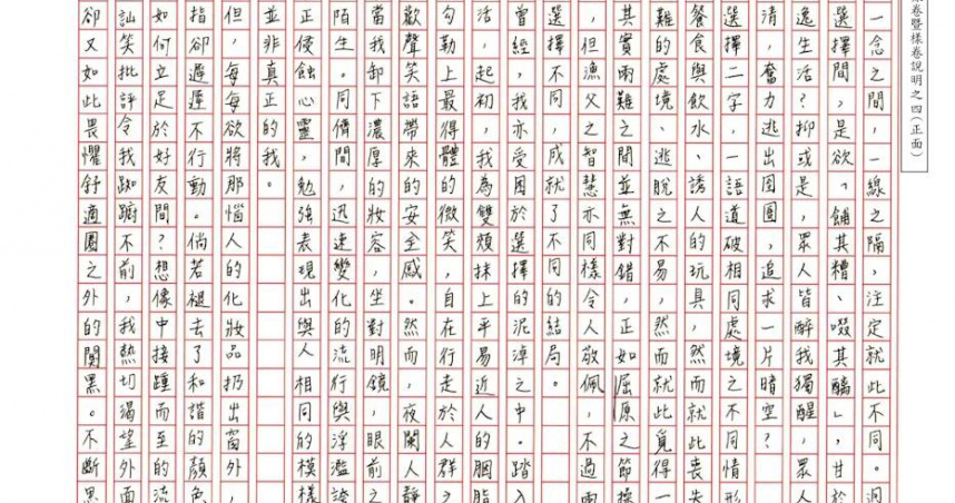 師大心測中心公布寫作6級分樣卷供民眾參考，其中有考生以化妝迎合同儕、反而禁錮自我為切題，獲得高分。（圖／國中教育會考網站）
