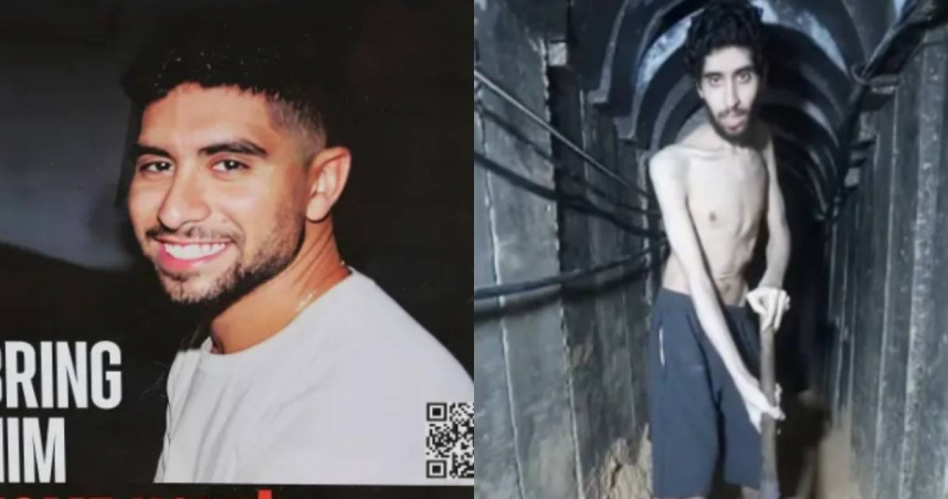 影片中以色列人質埃維亞塔戴維（Evyatar David）明顯骨瘦如柴，被迫在隧道中自掘墳墓。（合成圖／翻攝自人質家屬論壇）