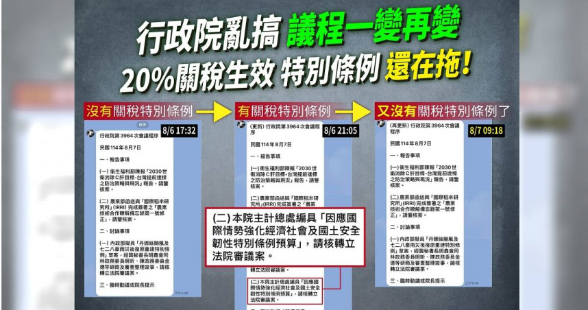 民眾黨立法院黨團7日呼籲，盡速將關稅特別條例送至立院審議，幫助台灣盡快渡過關稅衝擊。（圖／翻攝自民眾黨立法院黨團）