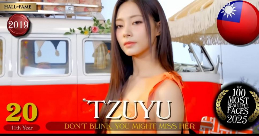 「TC Candler」公布的全球百大最美臉孔排行榜中，來自台灣的子瑜排在第20名。（圖／翻攝自YouTube／TC Candler）