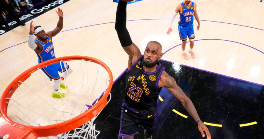 LeBron James生涯第4次在系列賽慘遭對手橫掃，湖人遭雷霆淘汰無緣晉級西區冠軍戰。（圖／達志／美聯社）
