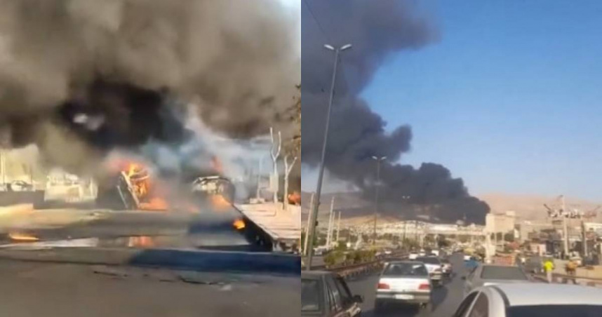 伊朗一輛油罐車在公路上與小客車發生碰撞後，瞬間起火爆炸，並波及周邊多部車輛。