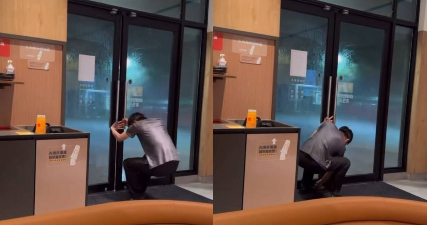 桃園青埔有位麥當勞店員奮力抓著大門，好將地鎖鎖上。（圖／翻攝自臉書／桃園都）