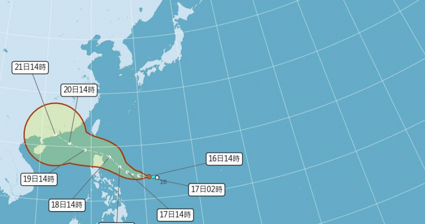 熱帶性低氣壓TD09號預計最快明天（17日）增強為輕度颱風「薇帕」。（圖／氣象署）