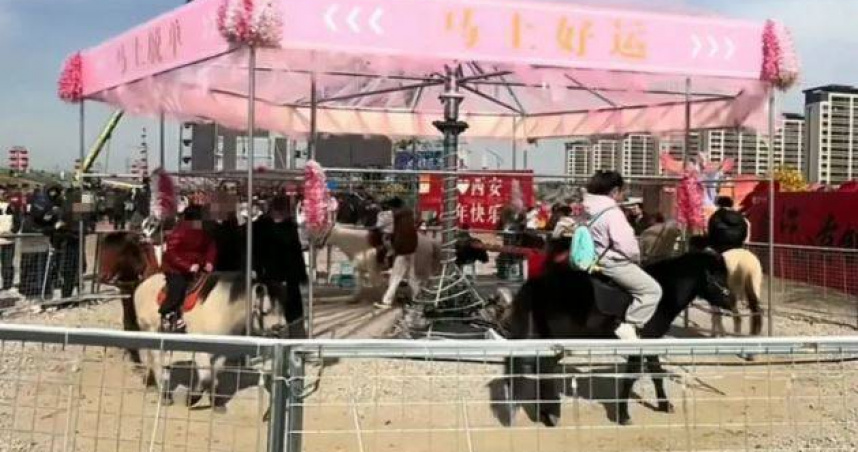 大陸陝西省西安市詩經里風景區近日推出「旋轉真馬」遊樂項目，引發網路熱議。（圖／翻攝自河南日報）