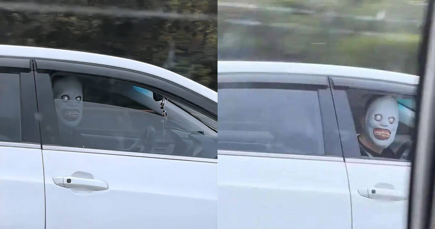 一輛掛著滬（上海）A車牌的白色轎車的副駕駛在高速公路戴鬼面頭套嚇旁車。（圖／翻攝自百度新聞）