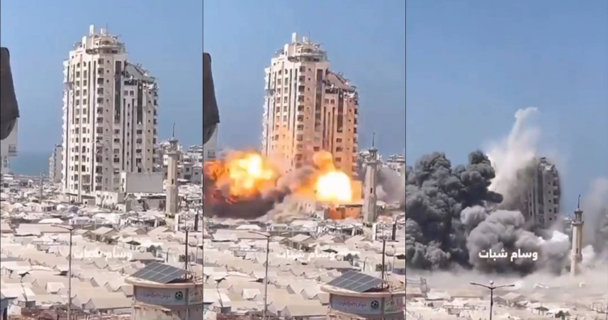 加薩蘇西塔（Sussi Tower）大樓被以色列軍隊轟垮。（圖／翻攝自社群網站X @Israel_katz）