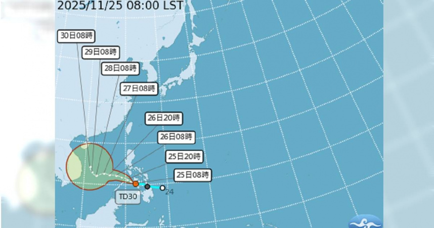 熱帶性低氣壓TD30預計今天通過菲律賓中部陸地，進入南海後可能增強成輕度颱風「天琴」。（圖／中央氣象署）