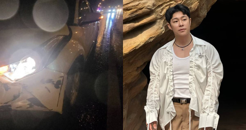 葉秉桓開車在國道打滑撞上護欄。（圖／翻攝IG／binghamyeh）