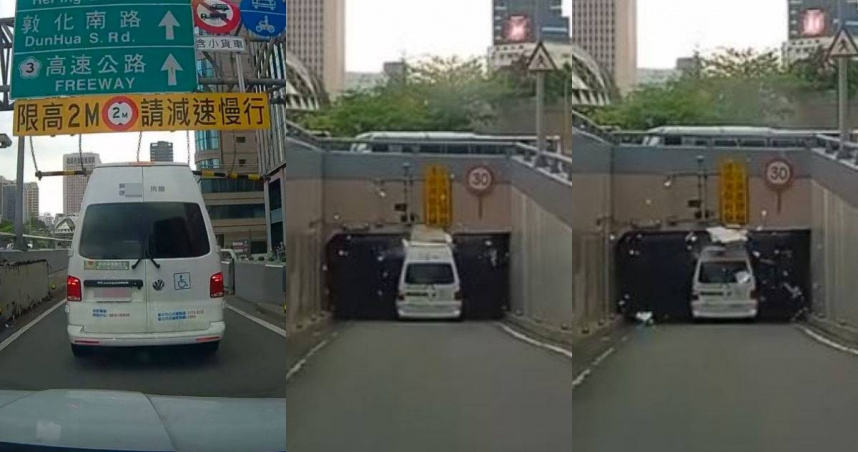 一輛復康巴士疑未注意限高標示硬闖地下道，導致車頂受損。（圖／翻攝自Threads）